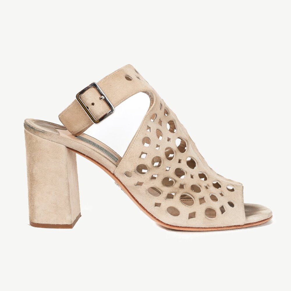Prada Quarzo Suede Laser Cut Ankle-Strap Sandals